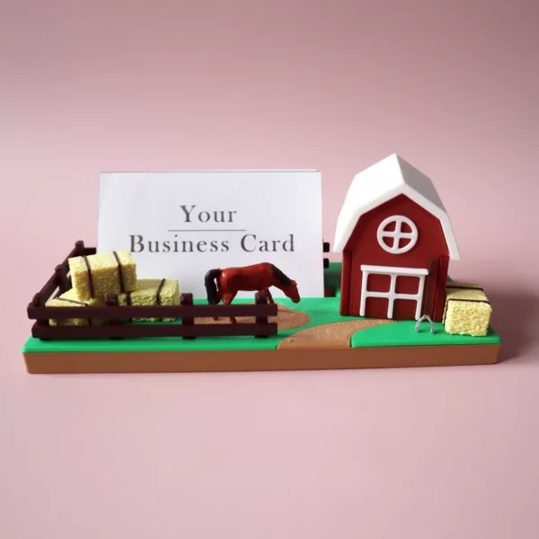 business card holder stand stable themed with barn and horse front view